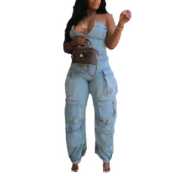 2024 European and American Cross-border Women's New Fashion Sexy Strapless Single-breasted Multi-pocket Workwear Pants