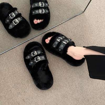 Autumn and winter New thick-soled plush slippers women's raw leather fashionable high-end double buckle soft bottom light luxury lightweight shit feeling