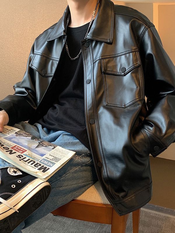 Leather Men's Coat Spring and Autumn PU Leather Jacket Flying Bike Suit Loose plus size Casual Trendy Brand Pluton Handsome Top