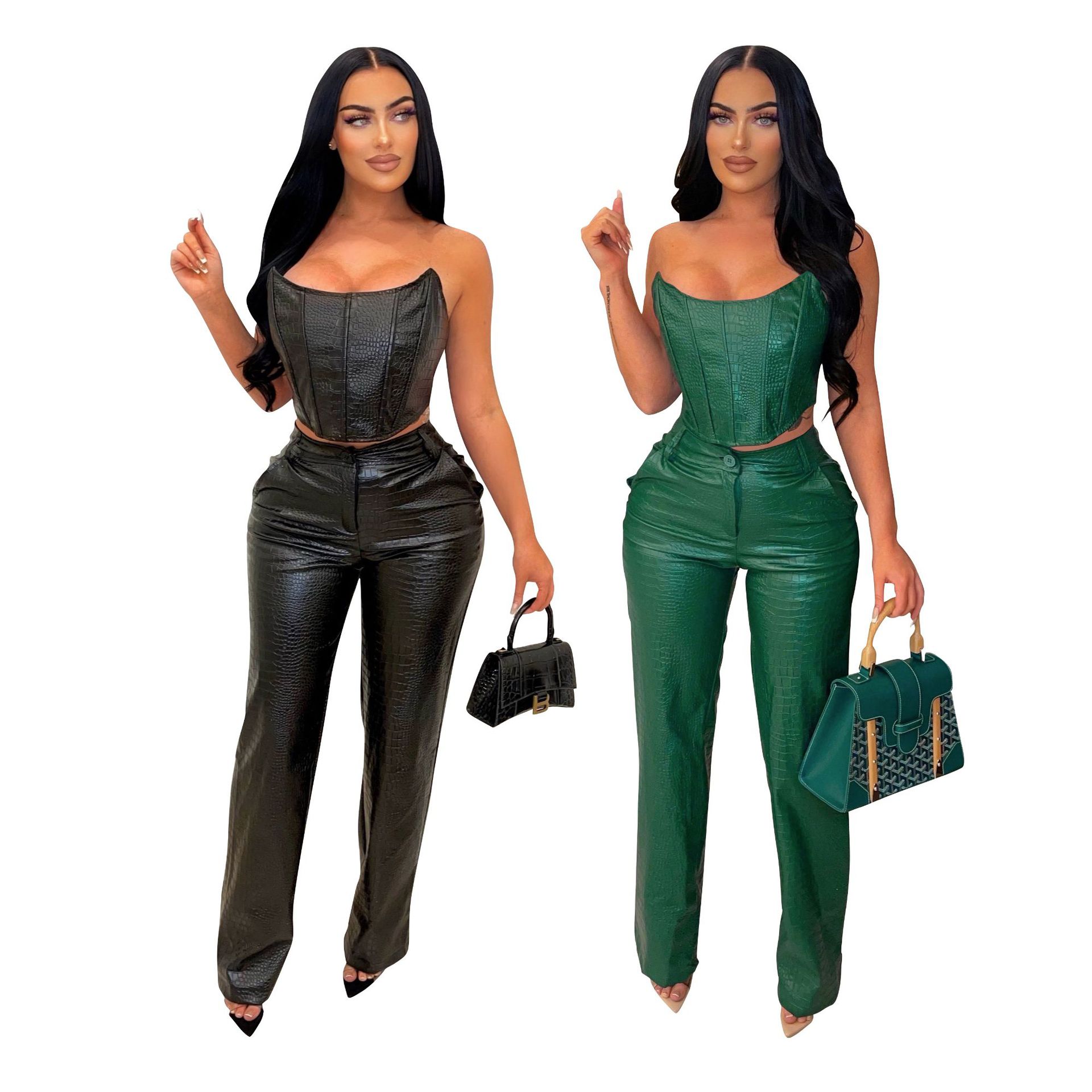 AL259 Amazon self-built website cross-border European and American women's tube top imitation leather suit sexy PU two-piece set