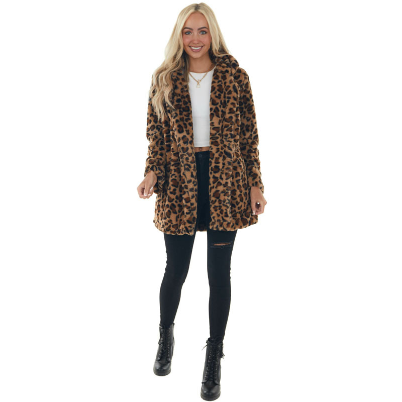 Amazon 2024 European and American autumn and winter leopard print women's clothing fashionable elegant faux fur loose fur coat with pockets