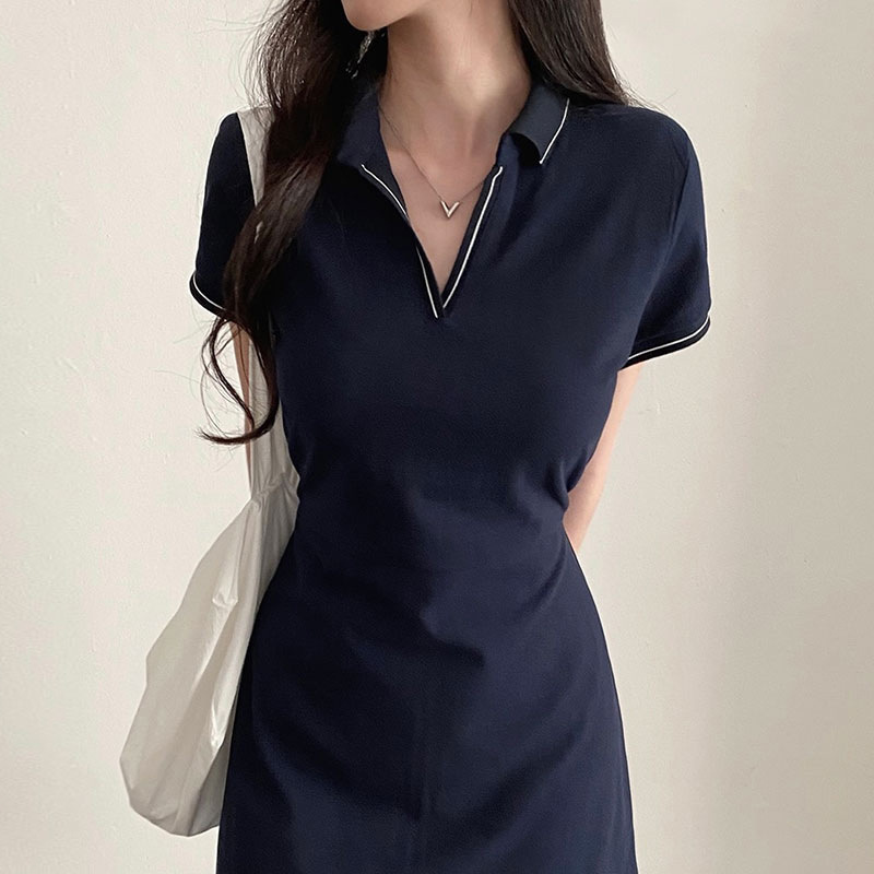 South Korea chic summer French retro POLO collar contrast color trim waist slimming short sleeve A- line dress women
