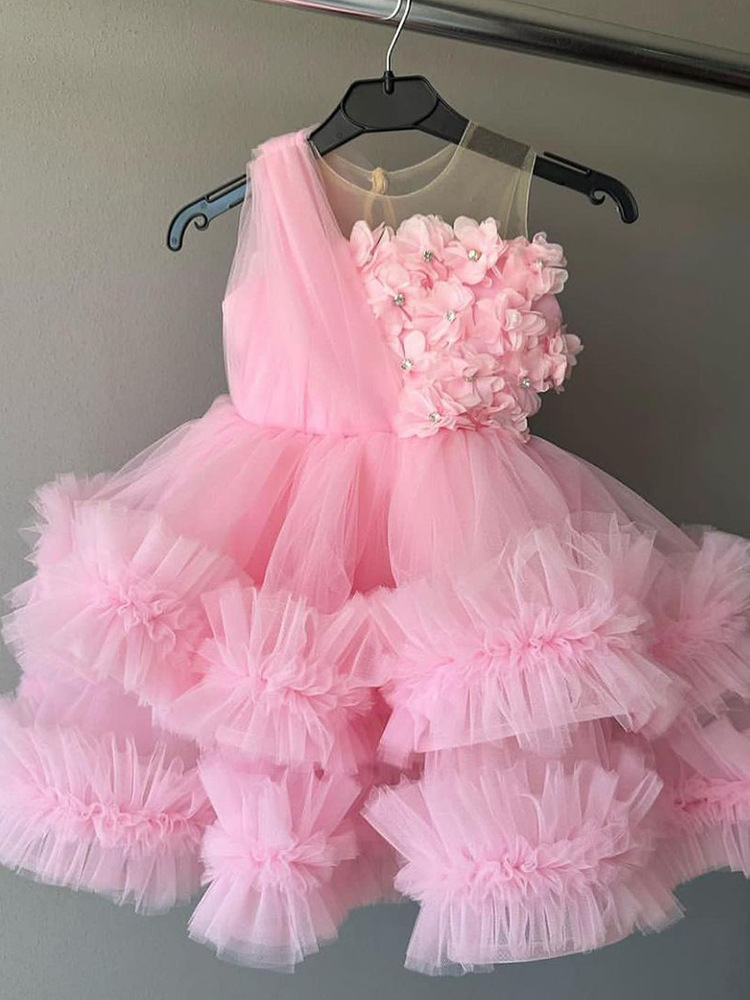 外貿兒童禮服公主蓬蓬紗裙演出服裝粉色立體花朵tutu裙baby dress
