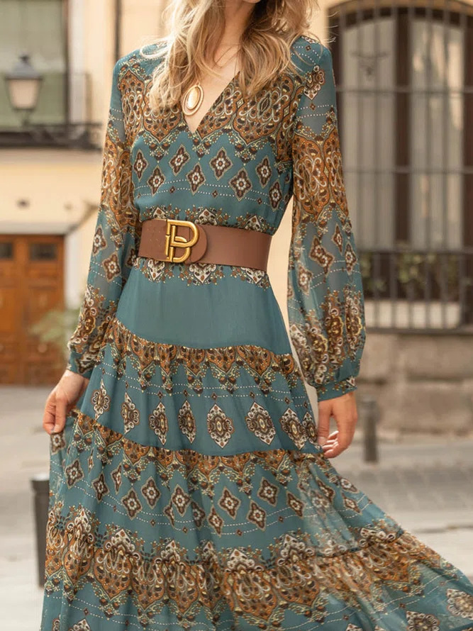 European and American long sleeve V-neck tight waist slimming A- line baroque print dress elegant large swing long skirt with belt