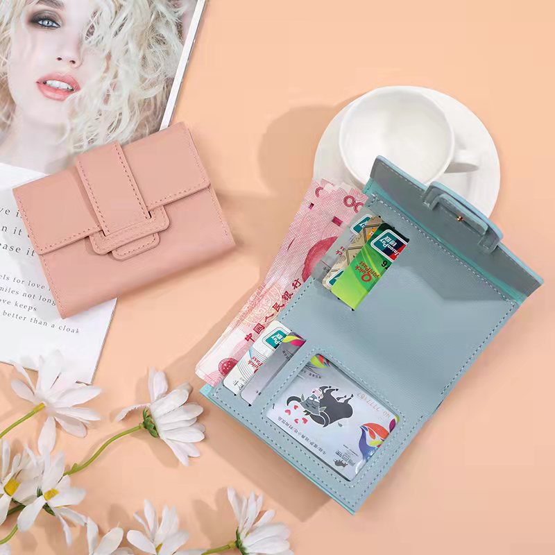 2021 new three-fold women's wallet coin purse certificate driving license card holder Korean style monochrome buckle wallet