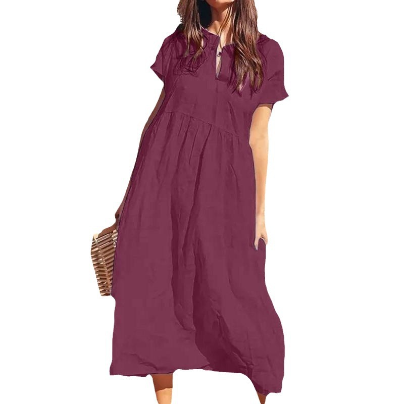2024 Summer European and American TEMU New Solid Color V-neck Short Sleeve Loose Casual Long Women's Cotton Linen dress