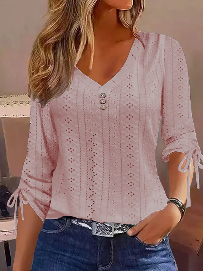 2023 Autumn and Winter Europe and America Amazon TEMU Independent Station Cross-border New Solid Color Jacquard Button Long Sleeve T-shirt Top