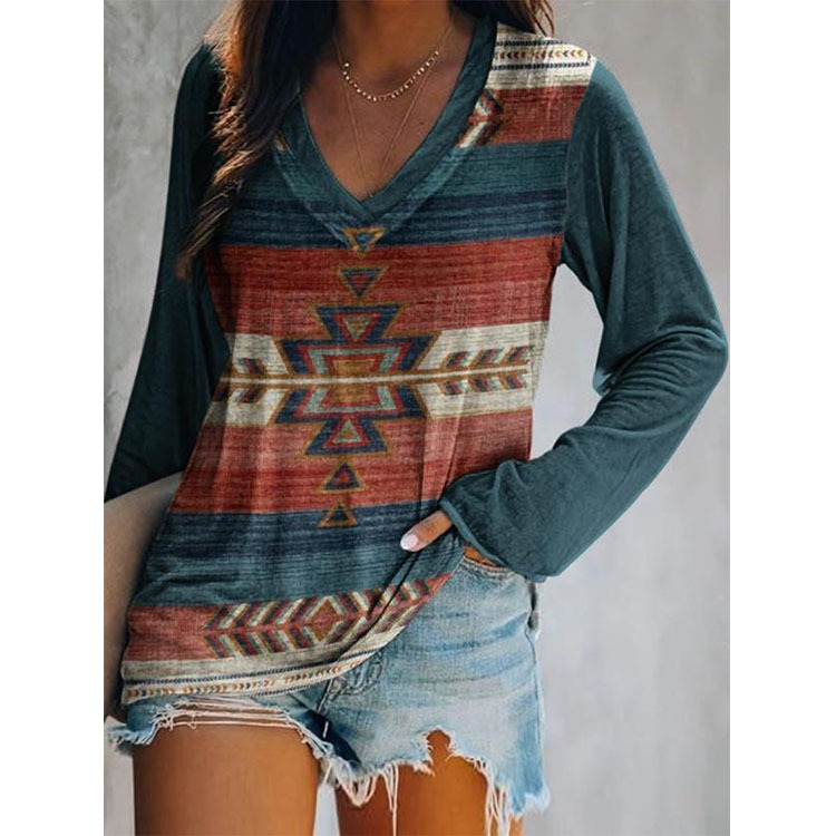 Independent Station Hot Selling Explosions European and American 2021 Autumn and Winter New Style Top Ethnic Style Positioning Printing Long Sleeve T-Shirt for Women