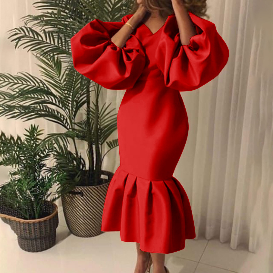 D115 Cross-border Source African Large Size Women's Fashion Solid Color V-neck Bubble Long Sleeve Fishtail Dress European and American Dress