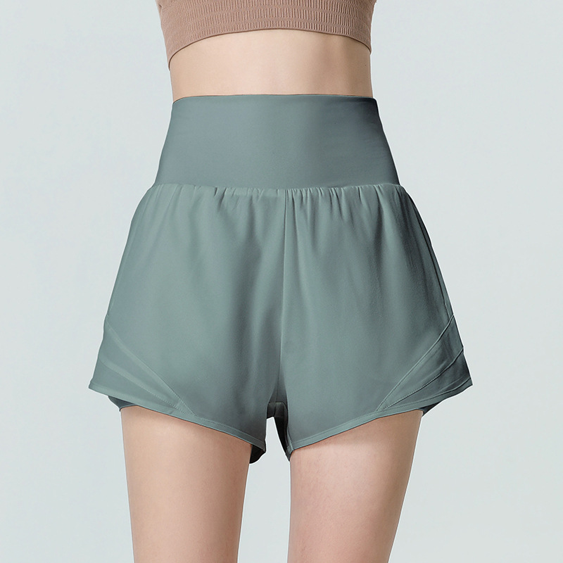 Women's High Waist Breathable Pocket Sports Shorts Anti-walking Loose Fake Two-piece Running Yoga Fitness Pants with Pocket