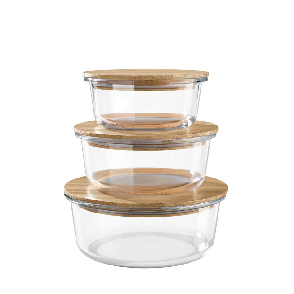 竹木盖玻璃保鲜盒木盖玻璃碗冰箱密封午餐盒高硼硅玻璃碗保鲜饭盒