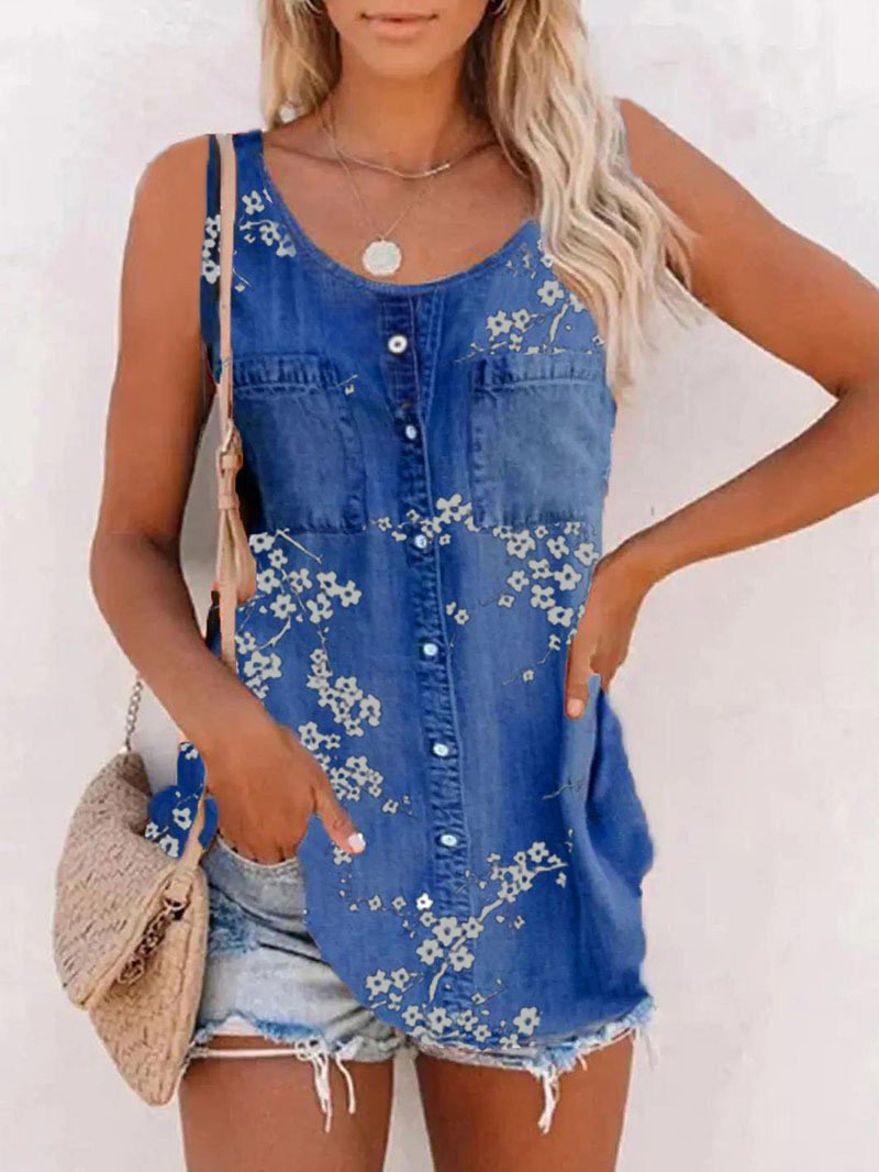 European and American Women's Cross-border Amazon 2023 Summer New Fashion Imitation Denim Vest Casual Printed Sleeveless Top