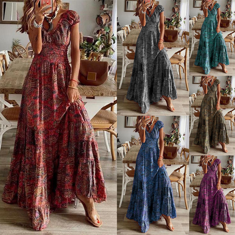 European and American Cross-border Bohemian Style 2022 New Style Long Dress Waisted Floral Printed Large Swing Dress