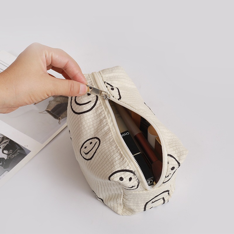 Corduroy cosmetic bag portable travel wash storage bag lightweight cross-border smiley face cosmetic storage bag