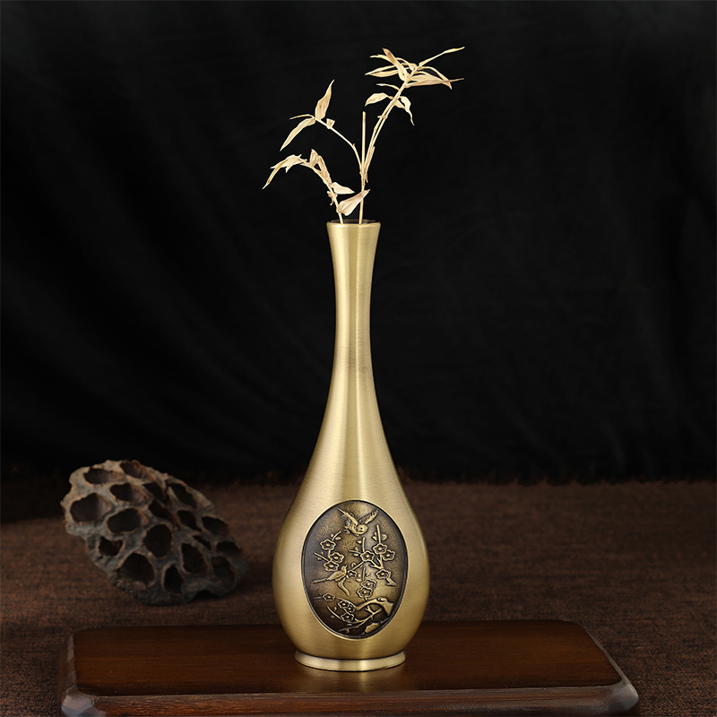 Pure Brass Ornaments Vase Carved Ornaments Mini Small Vase Desktop Decoration Copper Cylinder Antique Flower Metal Living Room