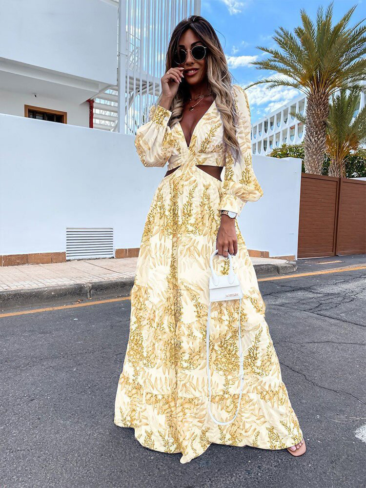 2023 Amazon European and American Fashion Women's Spring New Long Printed V-Neck Long Sleeve Elegant Dress
