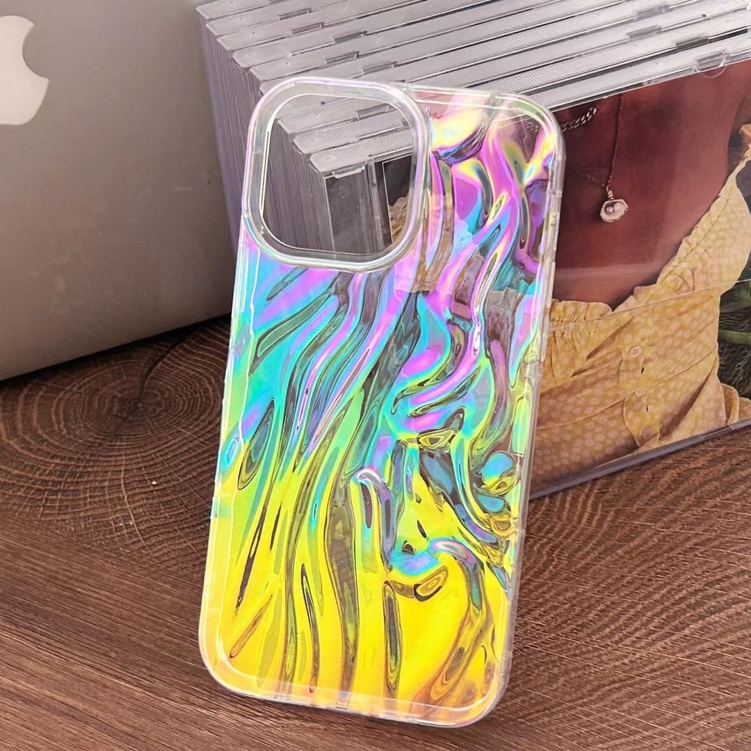 鐳射褶皺紋貝殼紋適用蘋果13手機殼新款iphone15promax全包防摔殼
