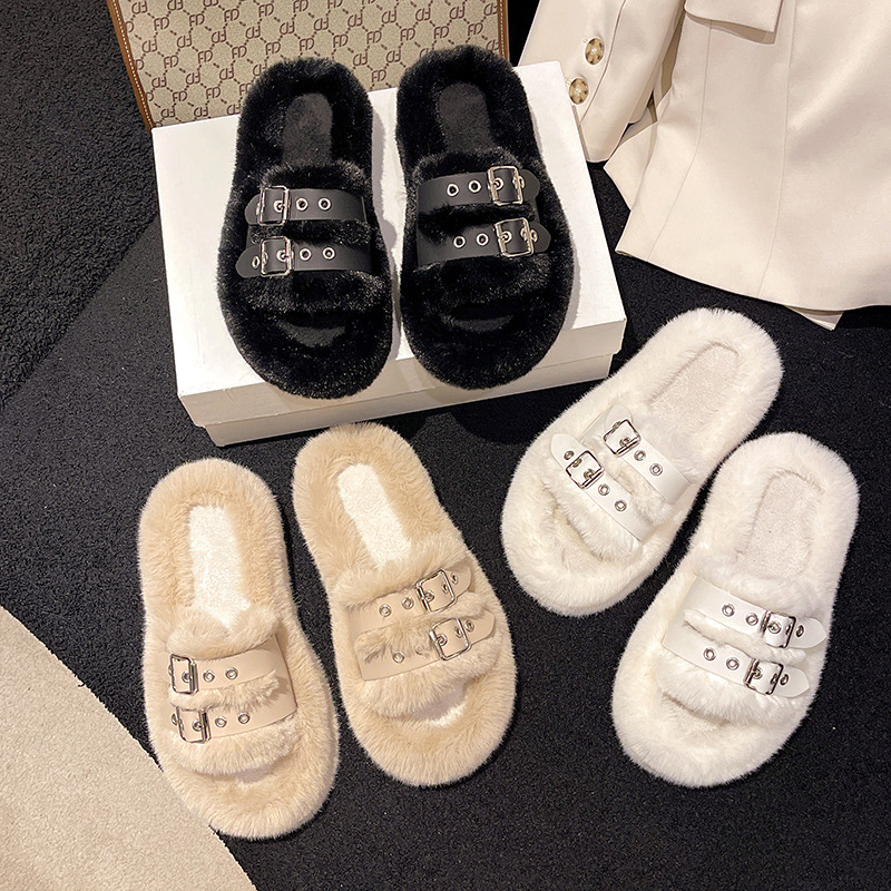 2023 Autumn and Winter New Mao Mao Slippers Women's Korean Style Outer Wear Belt Buckle Thick Bottom Warm Wool Slippers Women