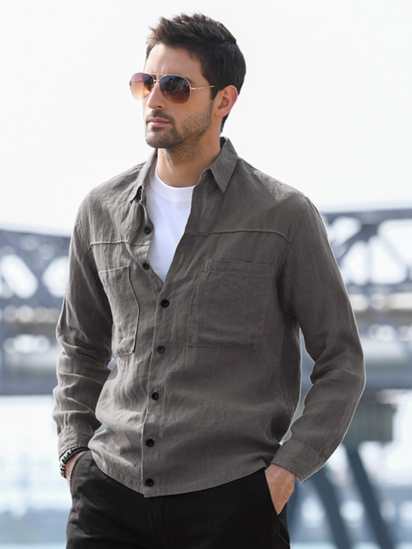 Cross-border New Men's Youth Loose plus size Men's Solid Color Simple Long Sleeve Lapel Cotton Linen Shirt in stock Hair