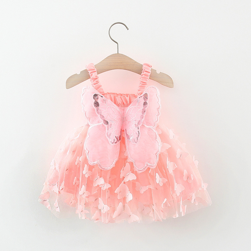 Girls Party Princess Back Butterfly Wings Dress 2023 Summer New Children's Performance Embroidered Mesh Dress