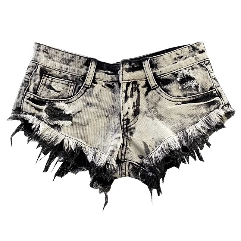 2023 new summer low waist light gray ripped frayed A- line hot pants Korean style women's personalized Denim shorts for women