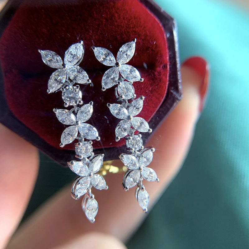 Cao Suitable for Europe and America Cross-border Accessories High-end Horse Eye Zircon Butterfly Earrings Sweet and Graceful Long Flower Earrings for Women 