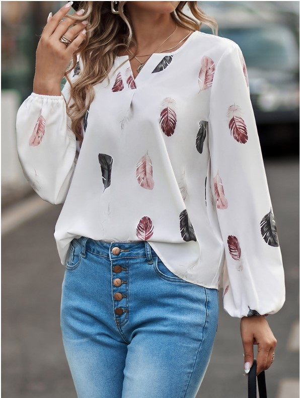 2023 Cross-border New Amazon European and American Women's V-neck Feather Printing Long Sleeve Loose T-shirt Women's Top