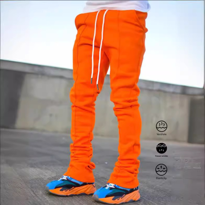 Cross-Border Men's sports casual Four Seasons long flared pants slim lace elastic waist solid color trousers