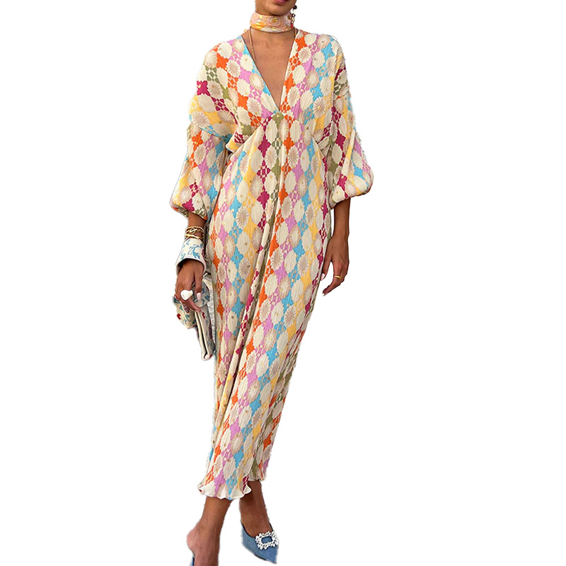 Cross-border 2025 European and American Women's Elegant Printed Elegant V-neck Lantern Half Sleeve A- shaped European and American dress Women