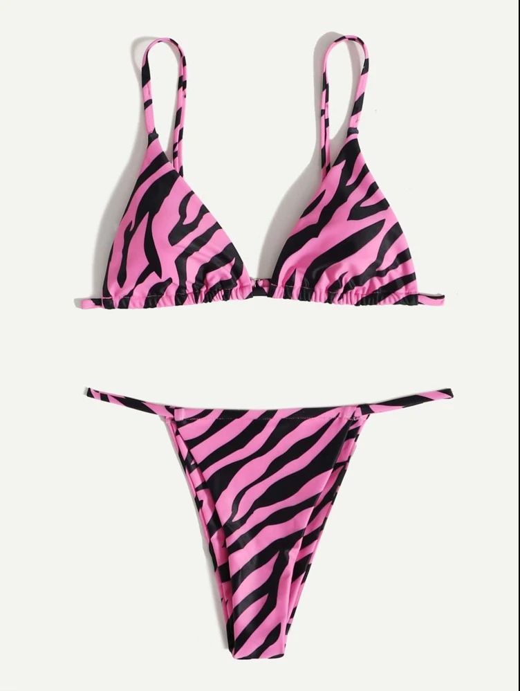 European and American Sexy Triangle Split bikini Swimsuit Cross-border Foreign Trade Striped Printed Drawstring Women's bikini Swimsuit