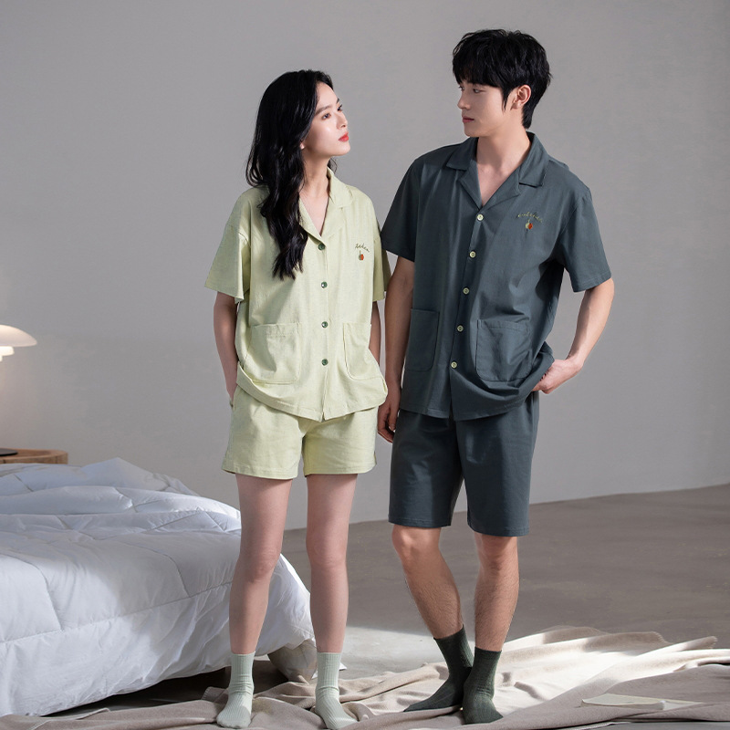 [Antibacterial] Couple Pajamas Summer Cotton Thin Cardigan Lapel Short Sleeve Shorts Korean Men's and Women's suit Home Clothes