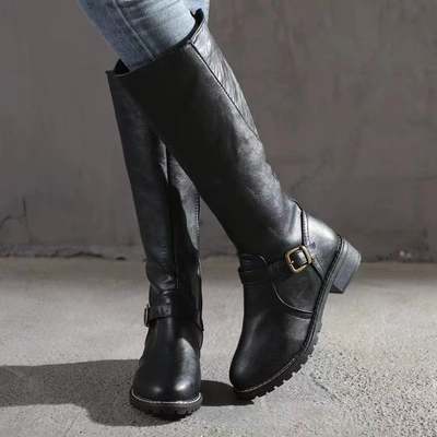 Amazon 2023 autumn and winter new women's long boots square heel European and American high Knight boots belt buckle solid color women's boots