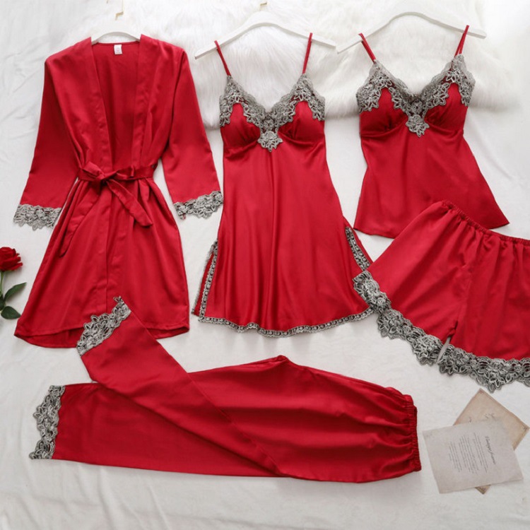 Cross-border supply imitation silk pajamas bathrobe underwear five-piece set of suspenders sexy ladies home clothes European and American pajamas