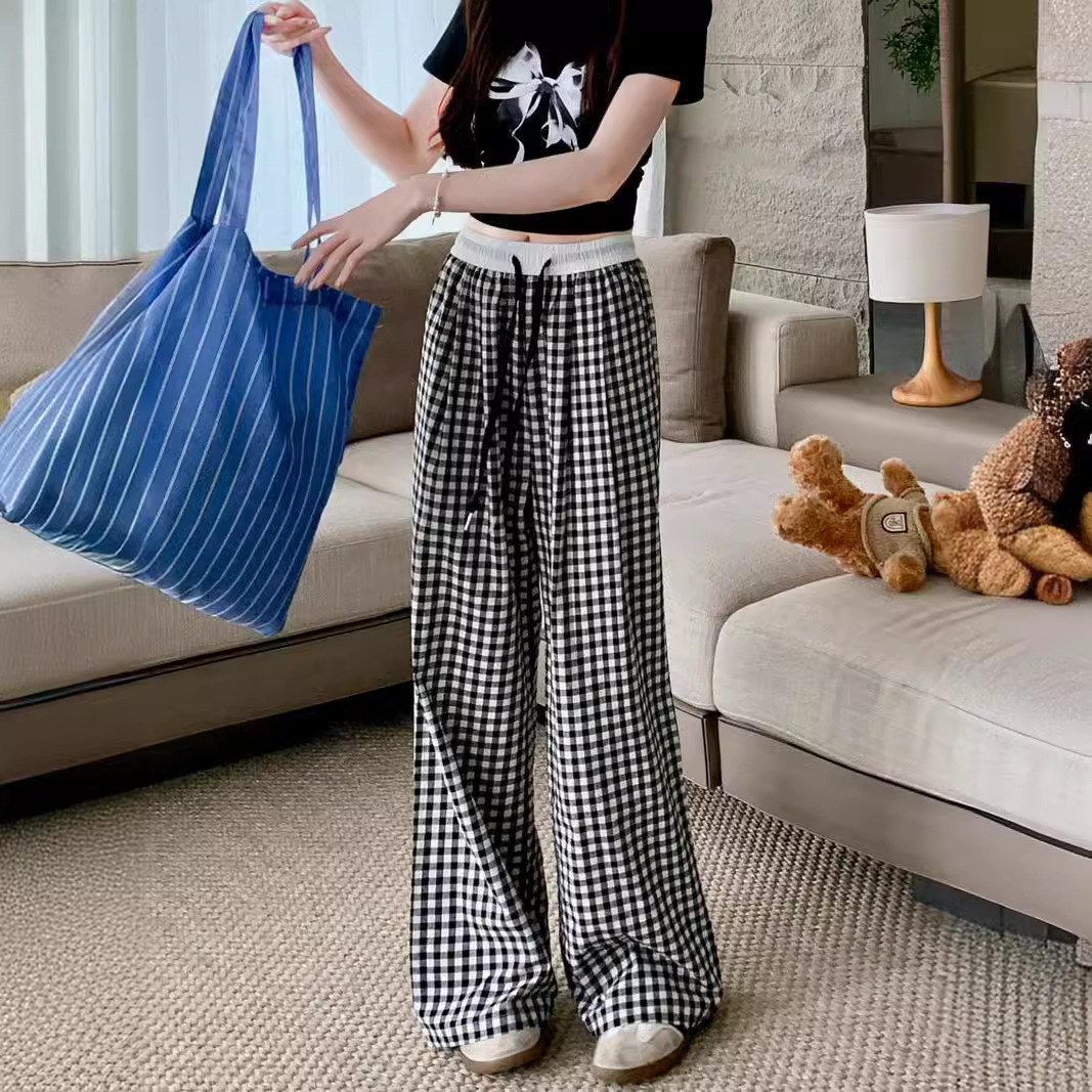 2024 Plaid Straight Casual Pants Women's High Waist Drawstring Wide Leg Pants Summer Dipping All-match Mop Pants