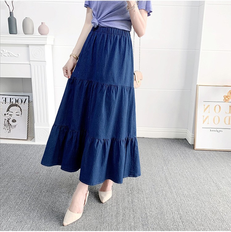 2024 Amazon Spring and Summer New Denim High Waist Joker Long Dress Retro Simple A- line Loose Waist Half