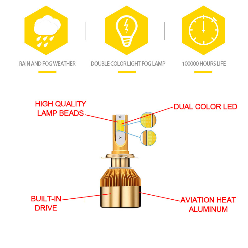 跨境批发前照灯车灯C6双色汽车led大灯 白黄双光LED汽车大灯h7h11