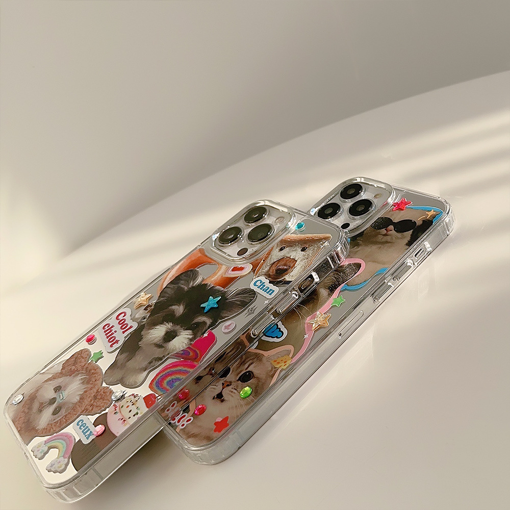 Diamond stickers for cats and dogs iPhone15 Apple mobile phone case 14promax electroplated mirror 11 cute 12 applicable 13