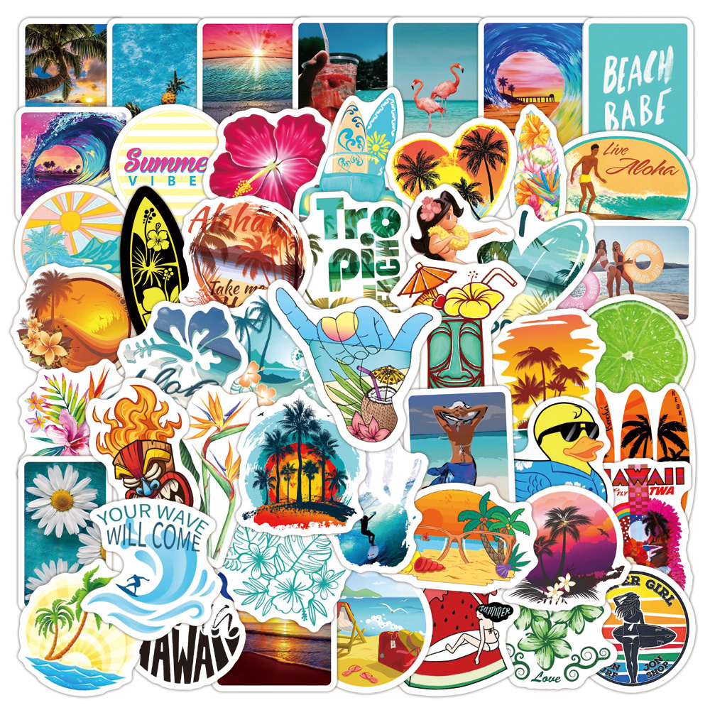50 pieces seaside summer stickers Beach surfing holiday fresh Hawaiian water cup waterproof graffiti stickers