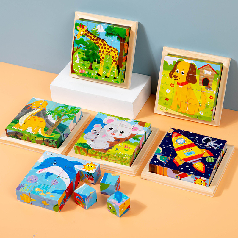 Wooden Six-face Painting Children's 3D Three-dimensional Building Blocks Puzzle Animal Traffic Dinosaur Cognitive Creative Building Blocks Toys