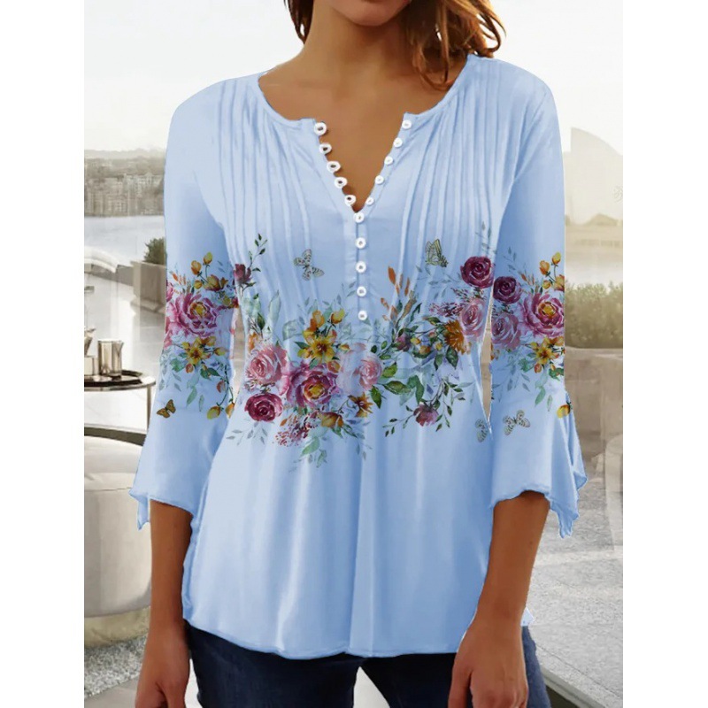 2025 Cross-border European and American Spring and Summer Fashion New Women's Floral Print V-neck Short Sleeve Pressed Button T-shirt Base Shirt