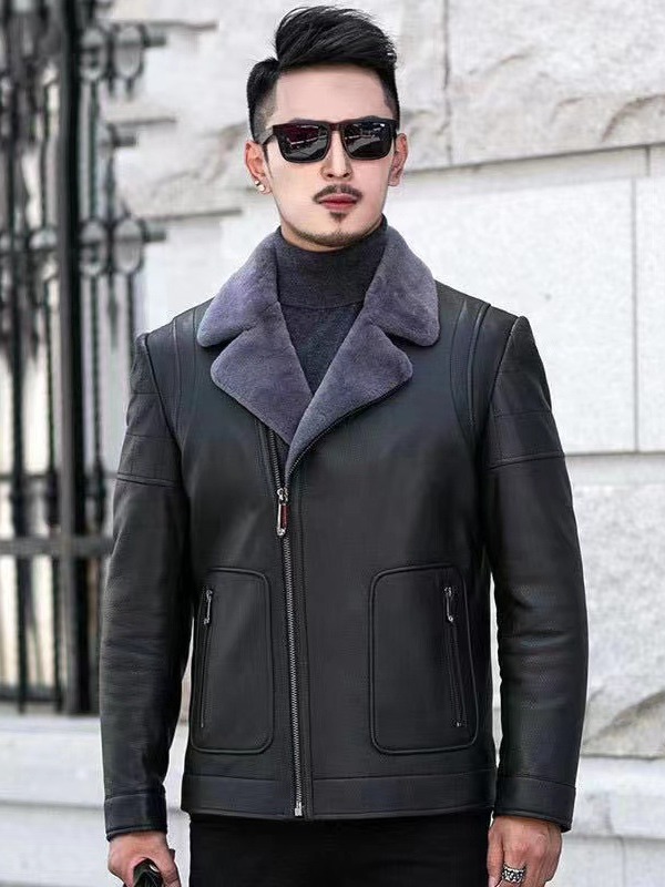 2023 Winter Haining fur integrated leather coat men's handsome slim fit short suit collar jacket fur casual jacket