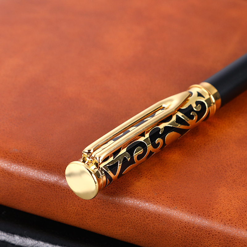 Black business metal signature pen printing logo hollow carved pearl pen 0.5mm gel pen advertising water pen