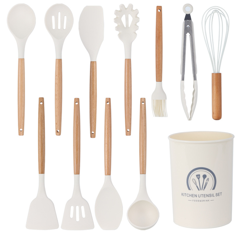 Cross-border milky white wooden handle silicone kitchenware 11-piece non-stick pan cooking spatula soup spoon kitchen tools suit