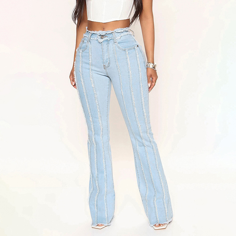 2023 Spring and Summer New Amazon Cross-border High Elastic Mid-waist Burr Women's Denim Pants Super Hot