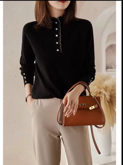 Intellectual elegant lantern sleeve all-match bottoming warm sweater autumn and winter elegant wooden ear half turtleneck foreign sweater for women