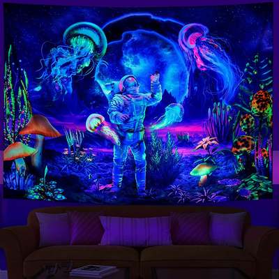 Fluorescent tapestry uv purple luminous astronaut color mushroom skull tapestry background cloth bedroom bedside hanging cloth tapestry