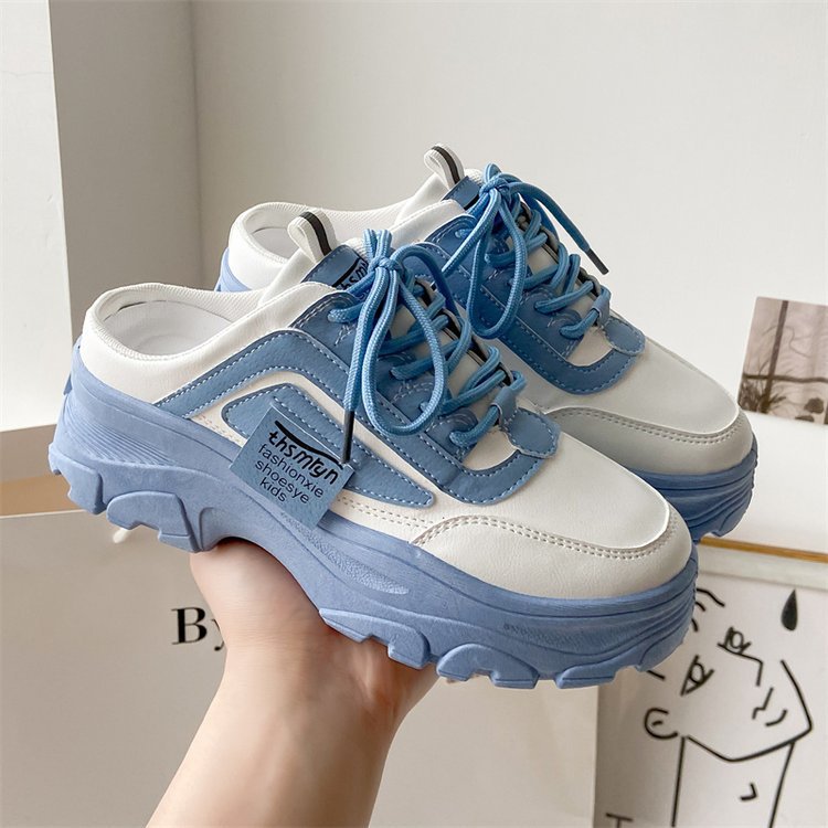 2023 spring and summer new platform soft bottom color matching lace-up women's shoes casual sports closed toe half slippers women Wholesale
