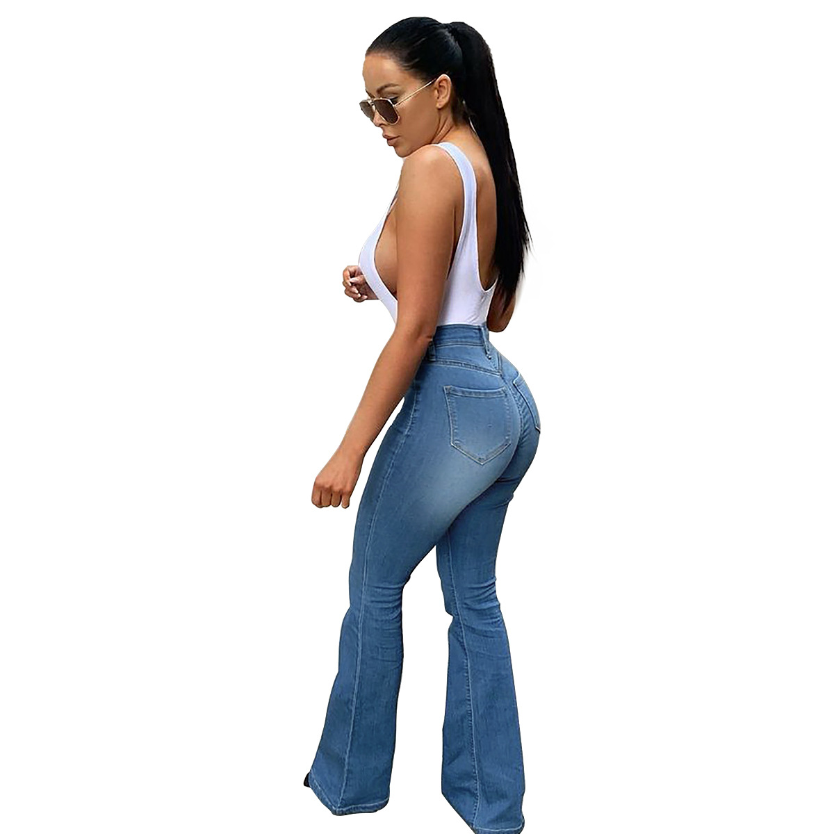 PT7078 Amazon cross-border wish European and American women's stretch high waist Denim trousers eaby micro-pull horseshoe pants