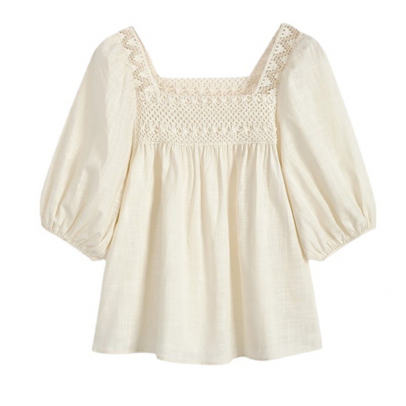 Korean chic Salt Age-reducing Hook Flower Hollow Collarbone Square Collar Doll Shirt Women's Summer New Loose Top