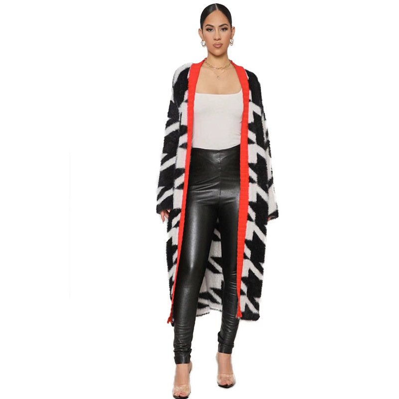 2024 cross-border Europe and the United States explosions houndstooth knitted Antarctic velvet coat coat loose cardigan coat factory outlet_voghion.com